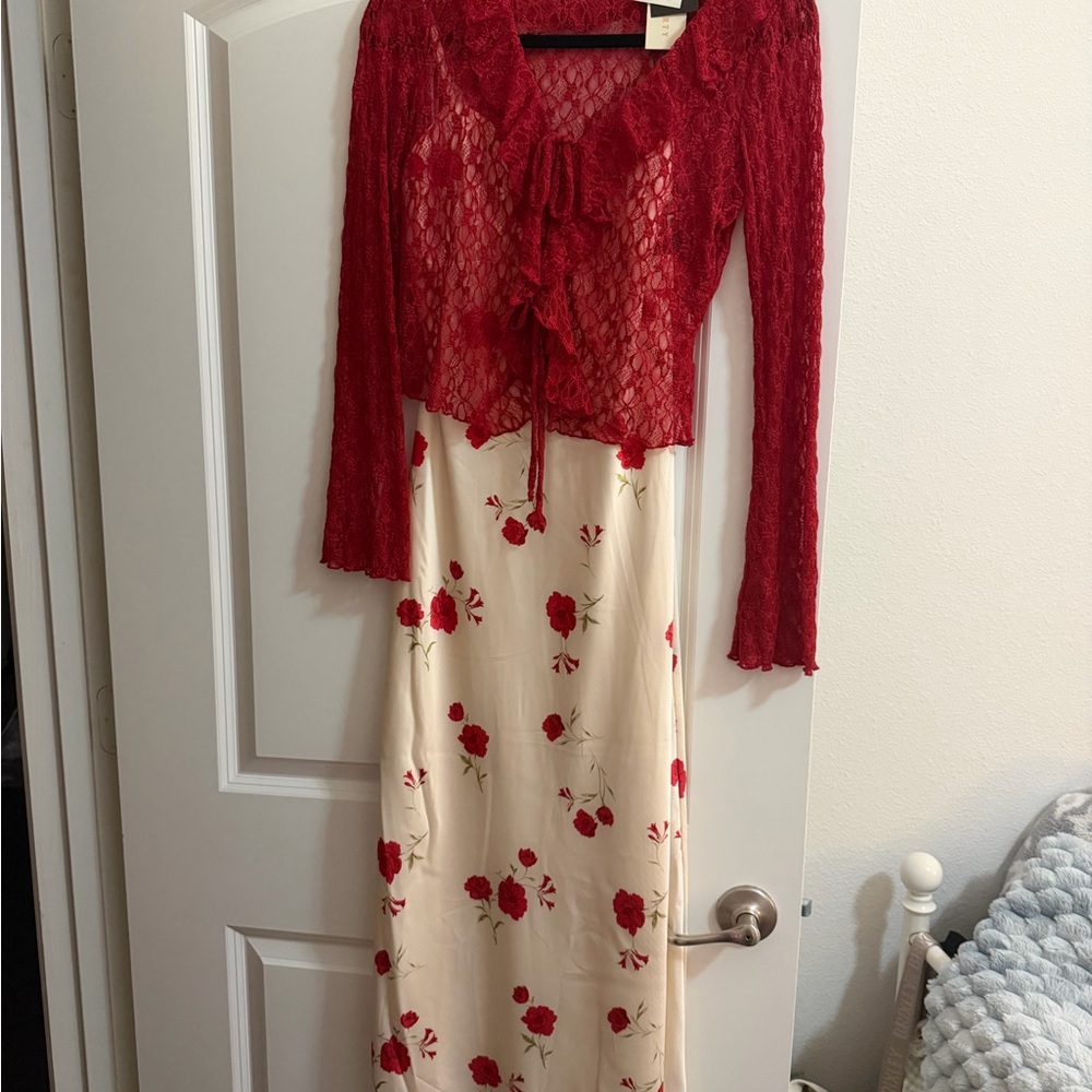 Red Lace Tie-Front Cardigan with Cream & Red Floral Slip Dress
